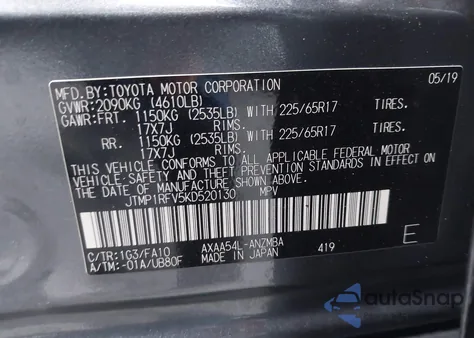 2019 Toyota Rav4 Xle из США, поврежденный, VIN JTMP1RFV5KD520130